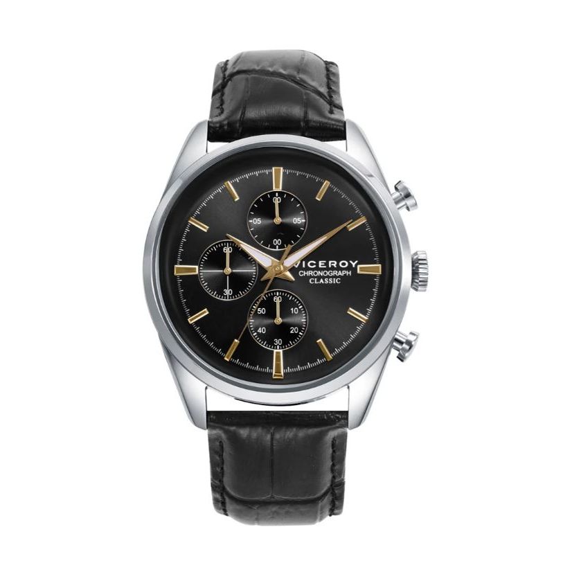 VICEROY Mod. 401379-17 watch, quartz analog chronograph with silver 925° case, 42 mm water resistant, 10 ATM, black leather strap.