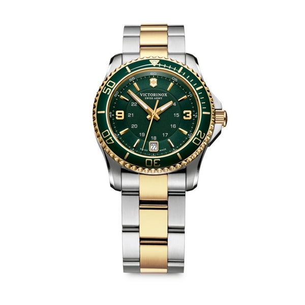 VICTORINOX WATCHES Mod. V241612 showing a green and gold timepiece with a stainless steel and gold-tone bracelet.