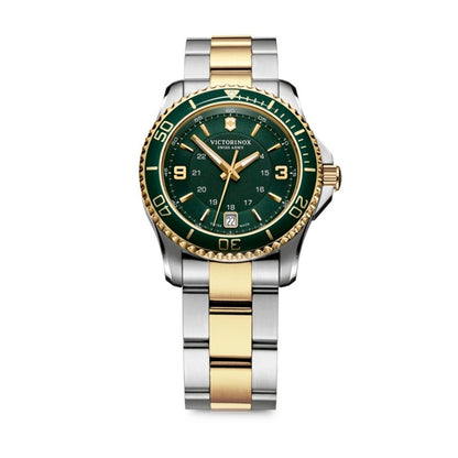 VICTORINOX WATCHES Mod. V241612 showing a green and gold timepiece with a stainless steel and gold-tone bracelet.