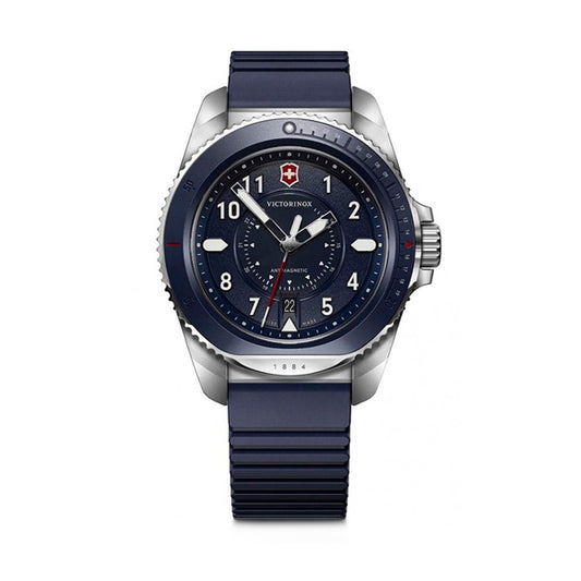 VICTORINOX WATCHES Mod. V241975 with blue dial and silver casing, featuring sleek design and precise timekeeping capabilities.