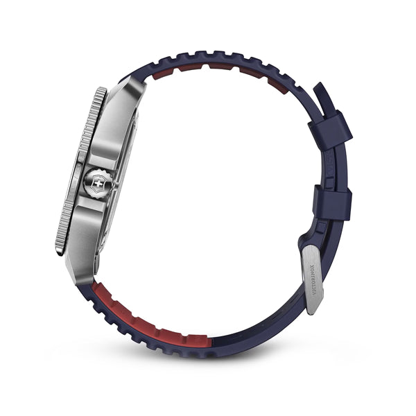 Side view of VICTORINOX WATCHES Mod. V241975 with navy strap and stainless steel casing