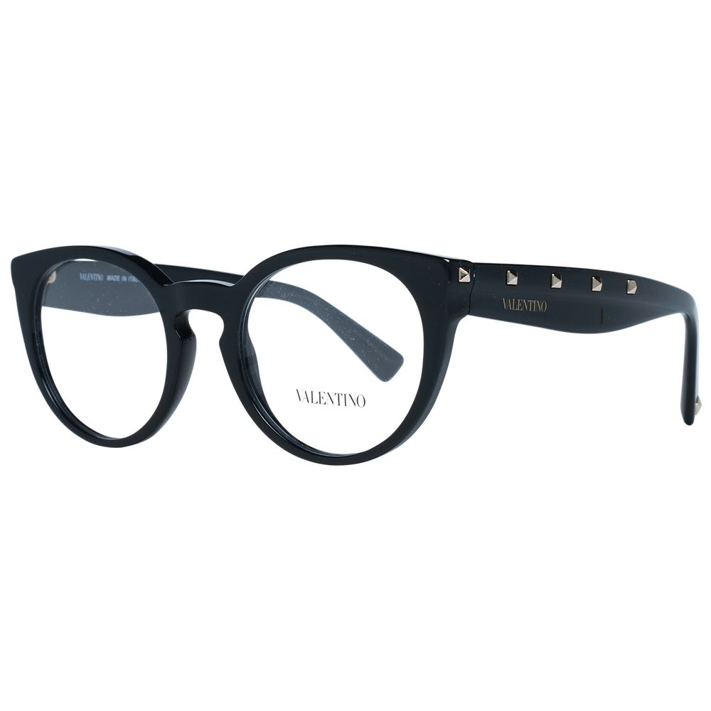 Valentino Black Women Glasses Frame in full-rim style, plastic material, and round shape with demo lenses.