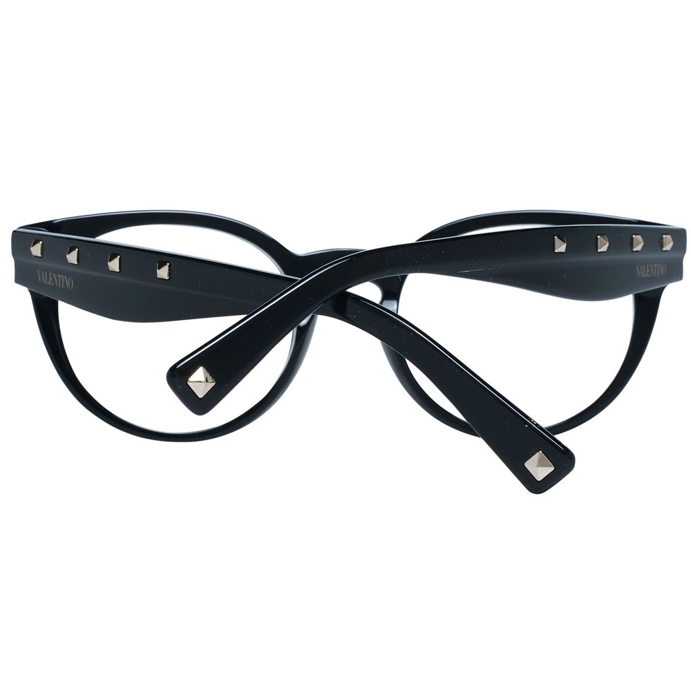 Valentino Black Women Glasses Frame in round full-rim style with plastic material and demo lenses, featuring iconic black design.