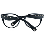 Valentino Black Women Glasses Frame in round full-rim style with plastic material and demo lenses, featuring iconic black design.