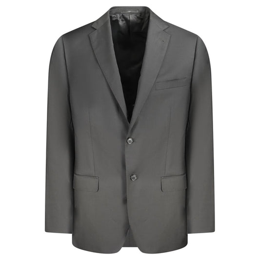 Valentino Black Wool Men Jacket with classic tailoring, features internal and external pockets for style and functionality.