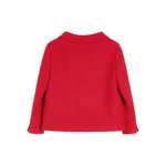 Back view of Valentino Crepe Couture Jacket in red wool and silk with pointed flat collar and button details.