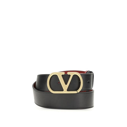 Valentino Garavani Black Calf Leather Bos Taurus Regular Belt with VLogo buckle, reversible design for versatile styling.