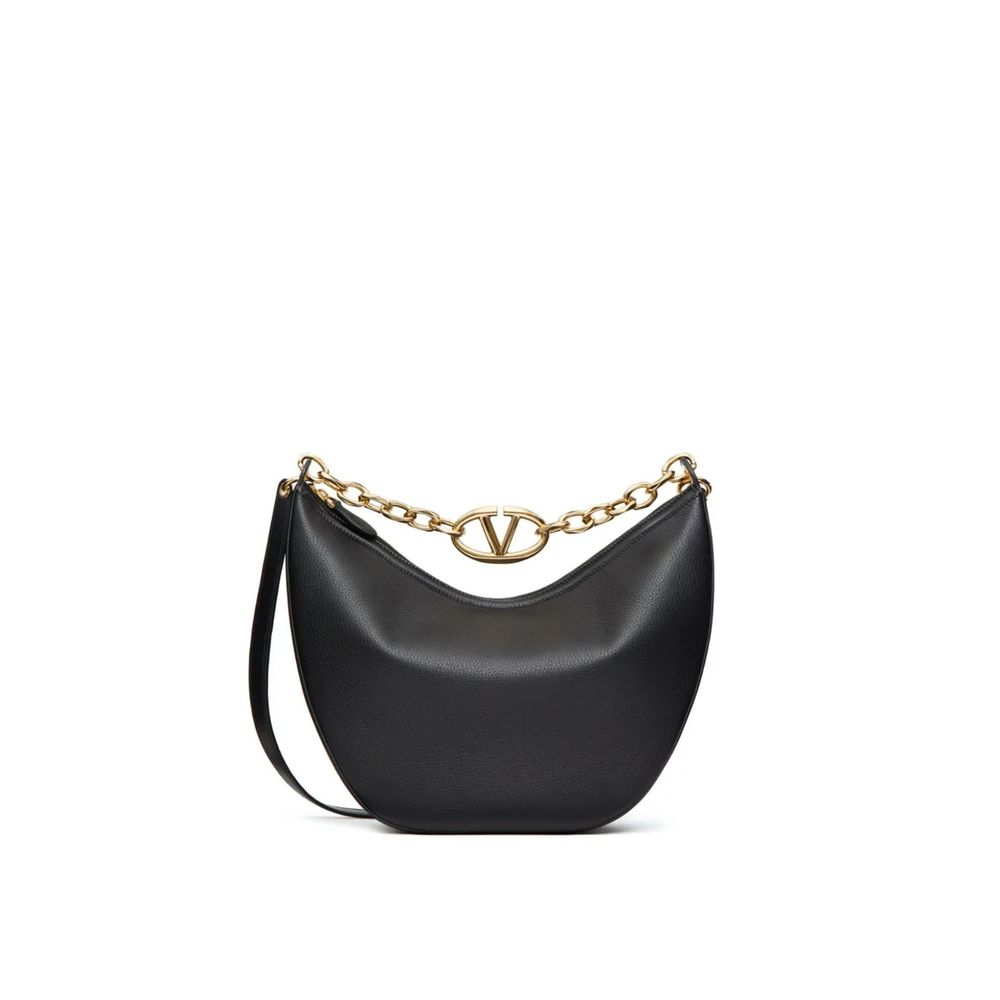 Valentino Garavani Black Calfskin Shoulder Bag with gold-tone Vlogo, textured leather, chain handle, and removable strap. Made in Italy.