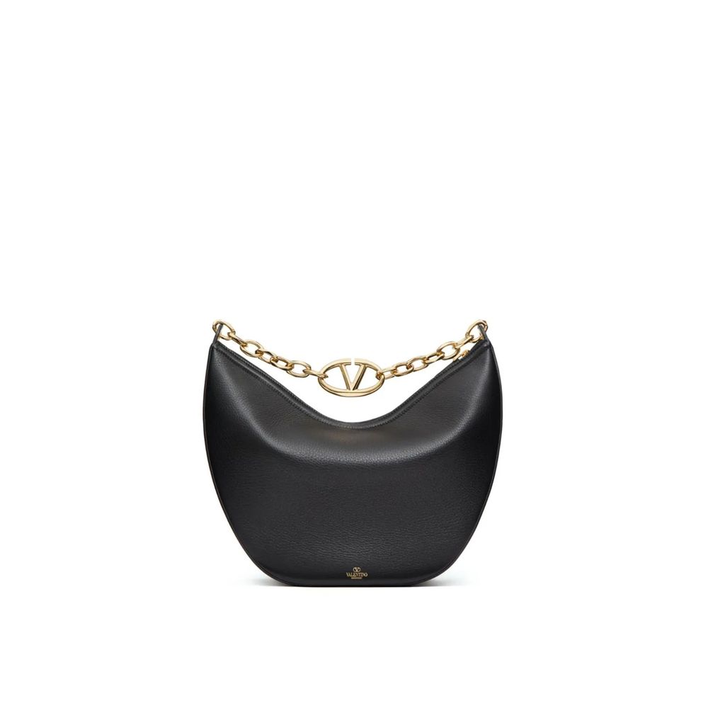 Valentino Garavani Black Calfskin Shoulder Bag with gold-tone V-logo, textured leather, removable strap, and chain handle.