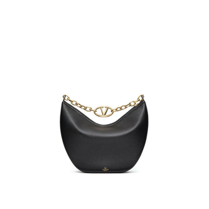 Valentino Garavani Black Calfskin Shoulder Bag with gold-tone V-logo, textured leather, removable strap, and chain handle.