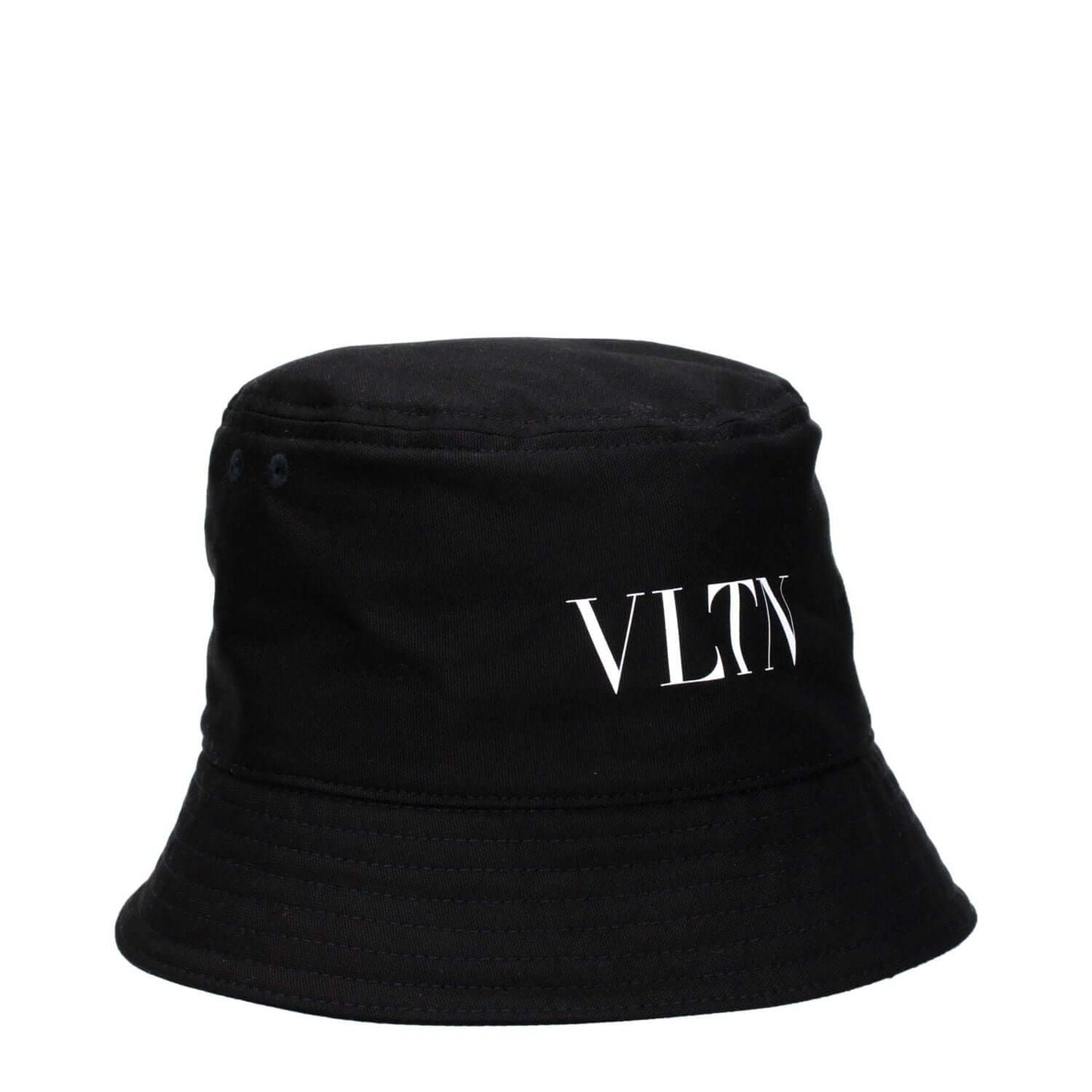Valentino Garavani Black Cotton Bucket Hat with white front logo, casual style, made from 98% cotton and 2% elastane.