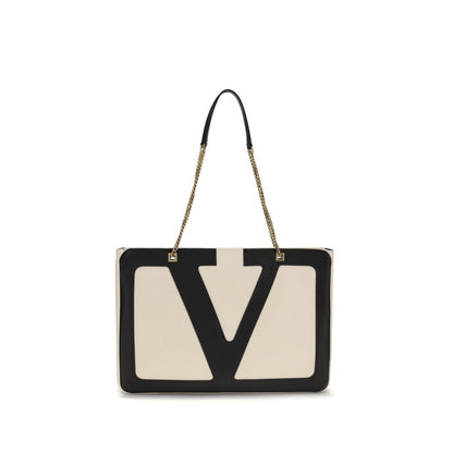 Alt Tag: Valentino Garavani Cream Lamb Ovis Aries Aries Shoulder Bag with maxi VLogo and antiqued gold finish chain strap.