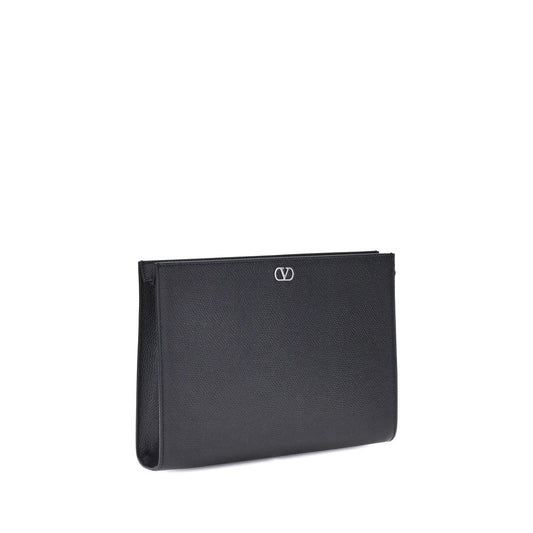 Valentino Garavani Grained leather Pouch with metallic VLogo on black leather, featuring zippered top closure, iconic and stylish design.