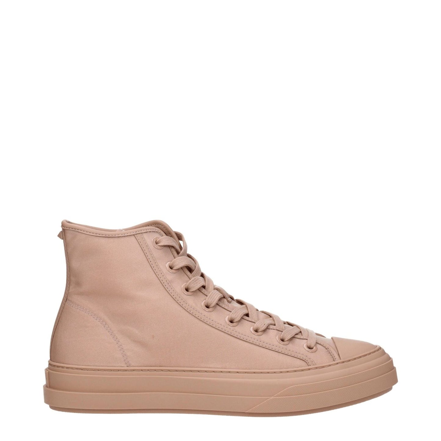 Valentino Garavani Pink Fabric High Top Sneakers with lace-up closure and rubber sole, showcasing casual style and front, back logos.