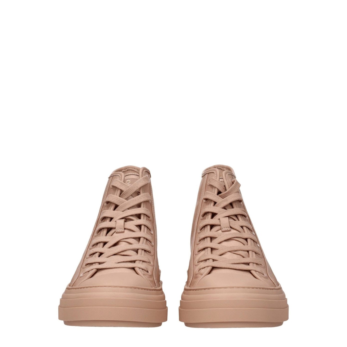 Valentino Garavani Pink Fabric High Top Sneakers with lace-up closure, featuring front and back logos, round toe, and rubber sole.