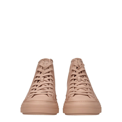 Valentino Garavani Pink Fabric High Top Sneakers with lace-up closure, featuring front and back logos, round toe, and rubber sole.