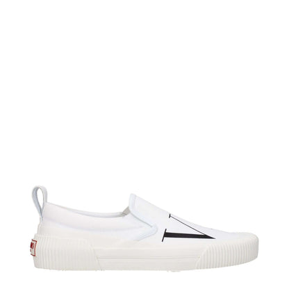 Valentino Garavani White Fabric Slip-On Loafers with logos, casual style, rubber sole, round toe, and low flat heel.