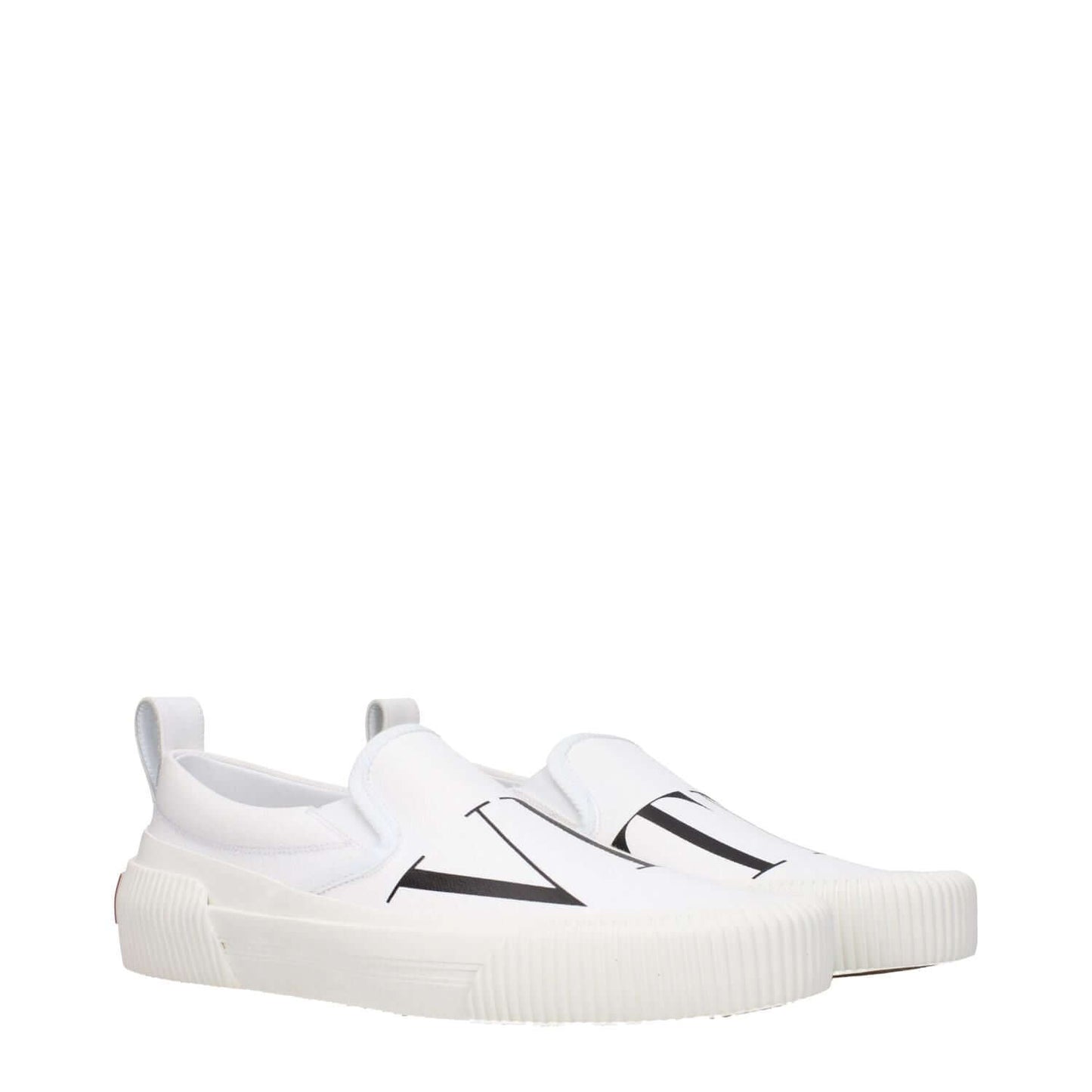 Valentino Garavani White Fabric Slip-On Loafers with front and back logo, rubber sole, and round toe. Style: Casual, MPN: S0G77VPZA01.