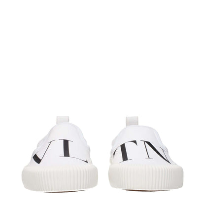 Valentino Garavani White Fabric Slip-On Loafers with front and back logo, round toe, and rubber sole.