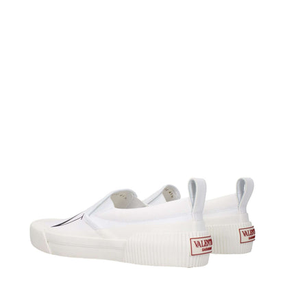 Valentino Garavani White Fabric Slip-On Loafers with logos and rubber sole, casual style, round toe, low flat heel.