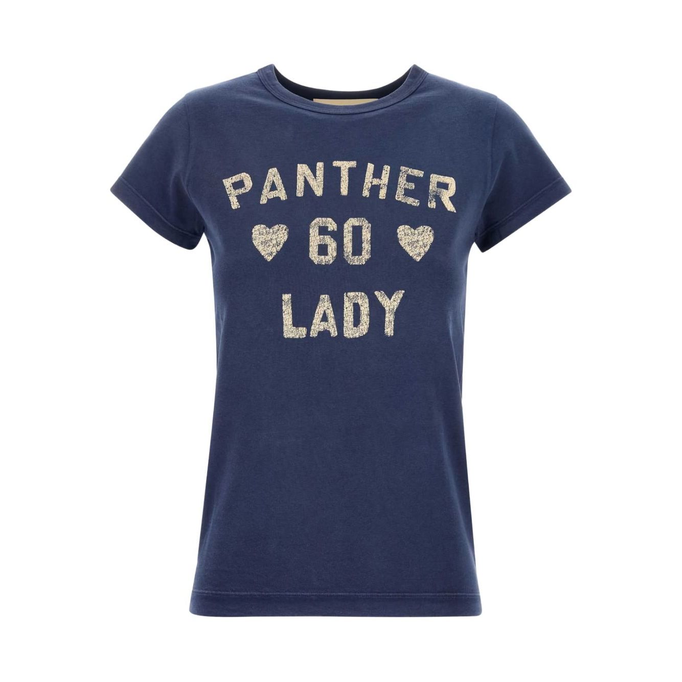 Navy blue t-shirt with 'Panther 60 Lady' slogan and heart details, similar style to Valentino Graphic-lettering t-shirt for women.