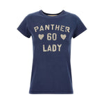 Navy blue t-shirt with 'Panther 60 Lady' slogan and heart details, similar style to Valentino Graphic-lettering t-shirt for women.