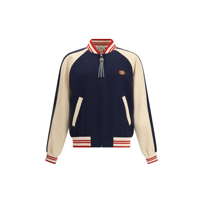 Valentino Multicolor Fleece Wool Bomber with ribbed collar, multicolored beads, and VLogo plaque, front and back view