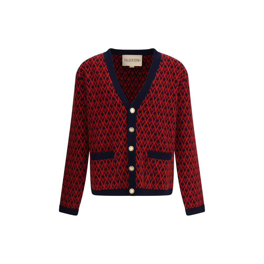 Valentino Multicolor Fleece Wool Cardigan with all-over V logo pattern, ribbed hems, and embossed buttons for a refined autumn-winter look.