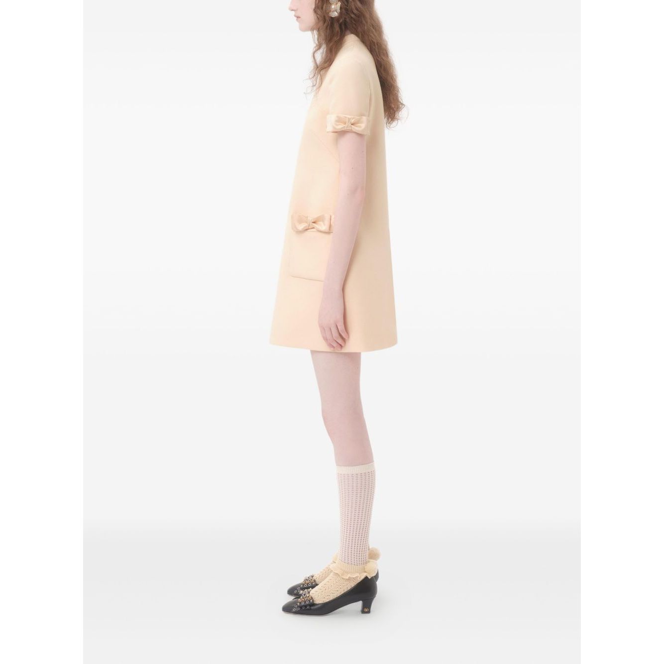 Valentino Short Crepe Couture Dress in beige with bow detail, crew neck, rear zip. Wool and silk composition for elegant style.