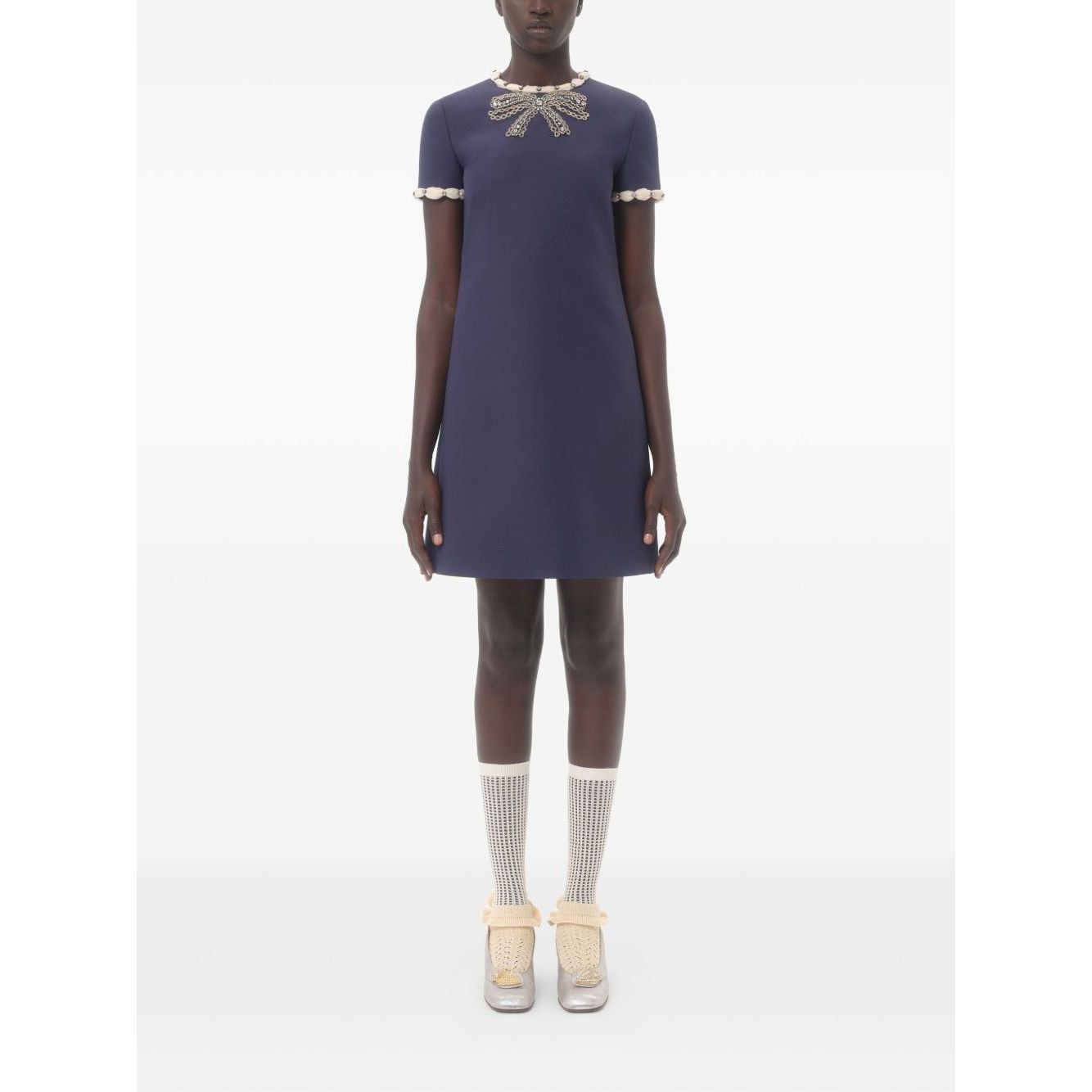 Valentino Short Embroidered Crepe Couture Dress in navy with rhinestone embellishments and contrasting trim.