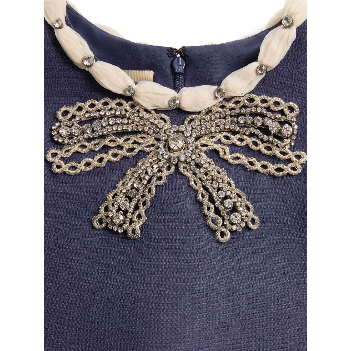 Valentino Short Embroidered Crepe Couture Dress with rhinestone embellishments and contrasting trim in navy blue wool and silk.