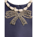 Valentino Short Embroidered Crepe Couture Dress with rhinestone embellishments and contrasting trim in navy blue wool and silk.