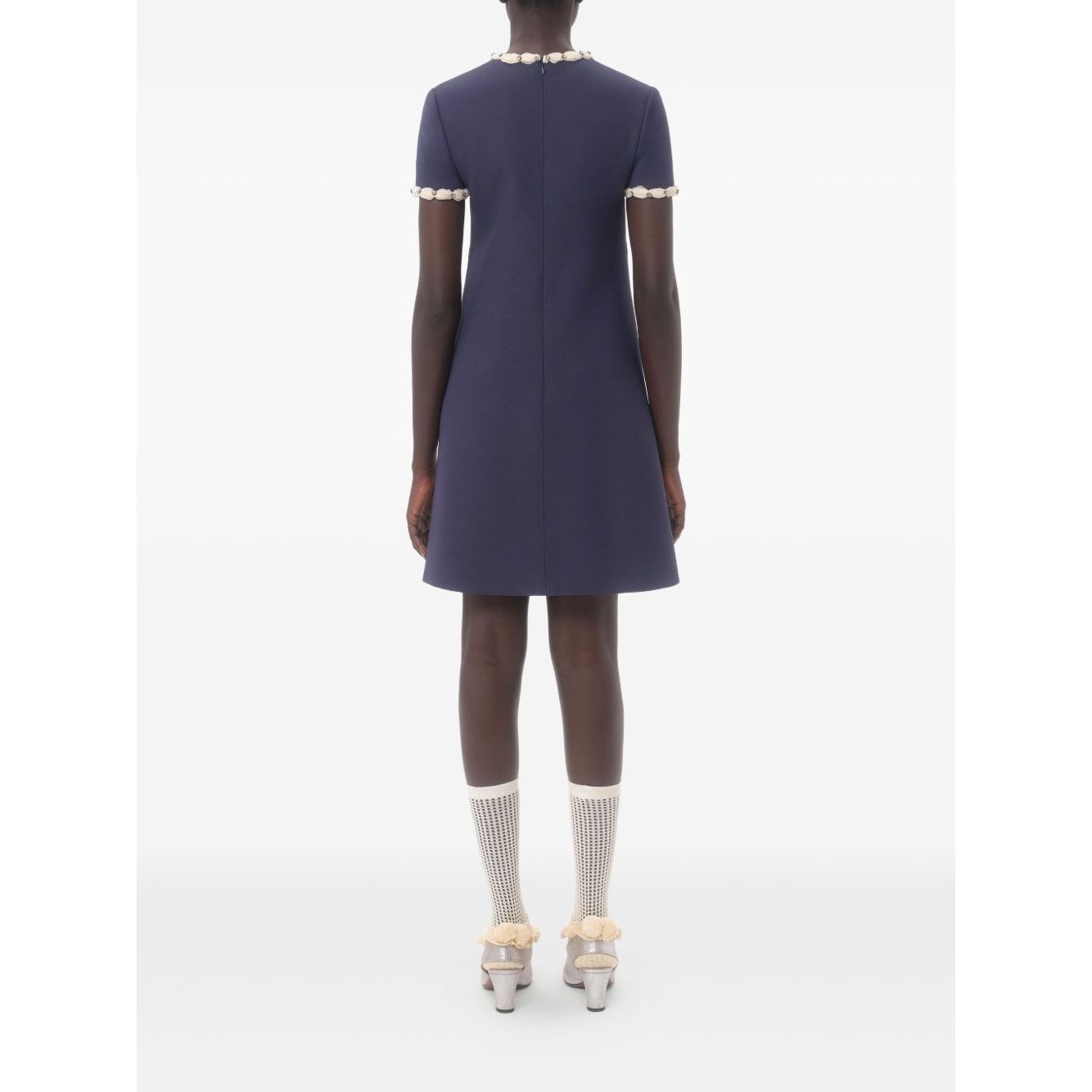 Back view of Valentino Short Embroidered Crepe Couture Dress in navy blue with rhinestone embellishment and contrasting trim.