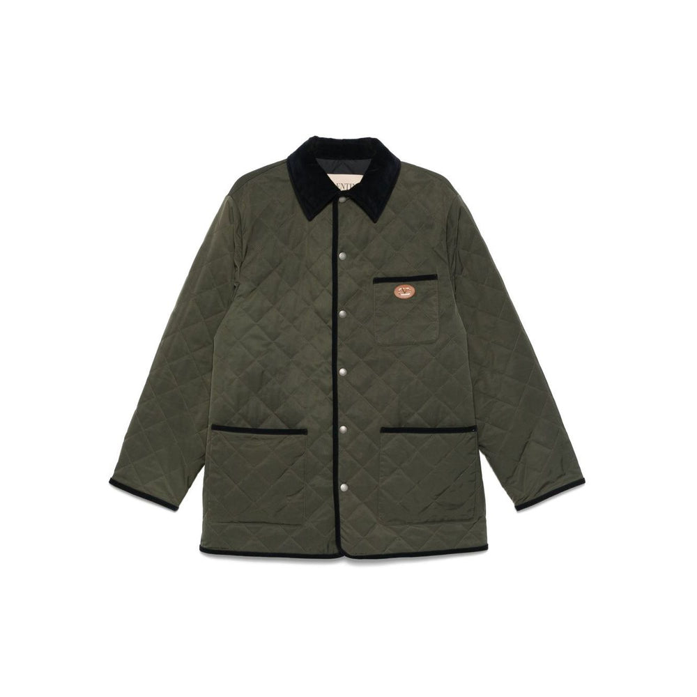 Valentino Vlogo Signature quilted jacket in olive green with contrasting collar and trim, featuring front patch pockets and press-stud fastening.