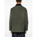 Back view of Valentino Vlogo Signature quilted jacket in olive green with contrasting collar and trim, featuring three front patch pockets.