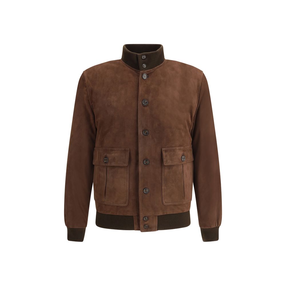 Valstar Brown Calf Leather Bos Taurus Bomber jacket featuring suede finish with button closure and two front flap pockets.