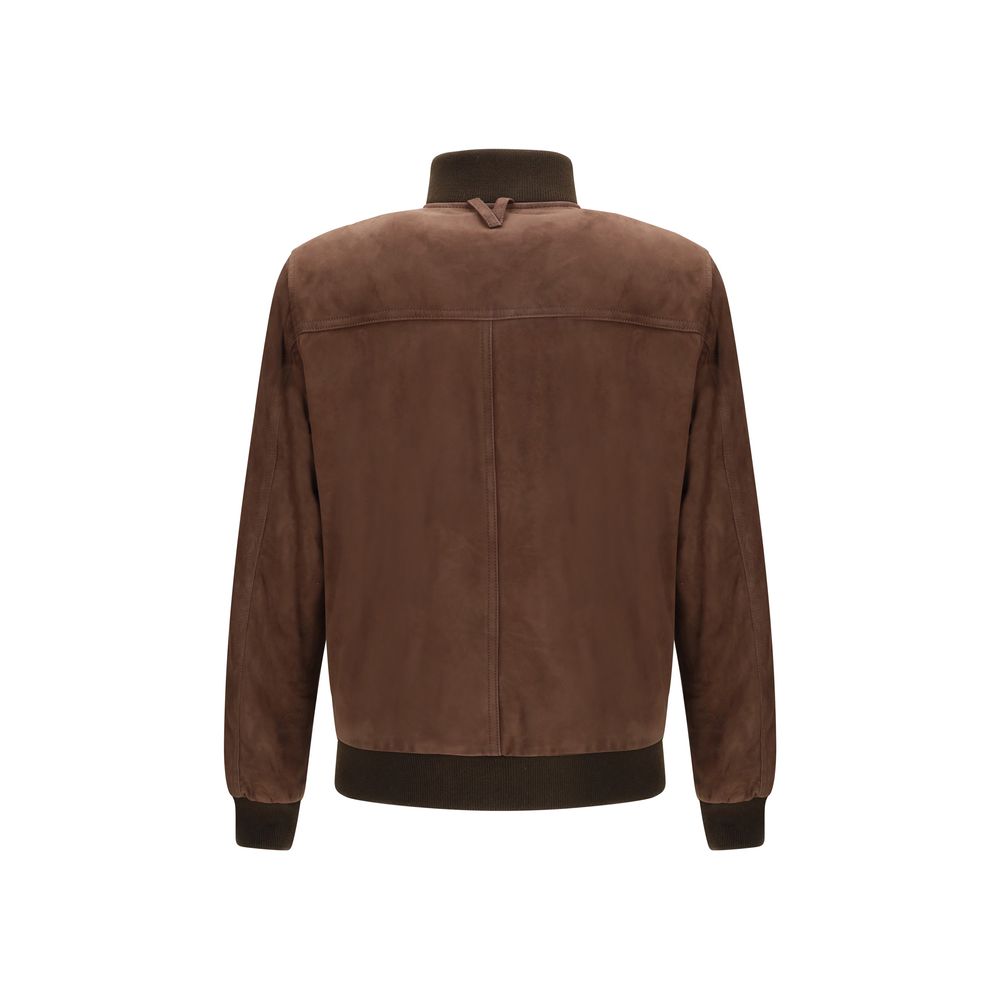 Back view of Valstar Brown Calf Leather Bos Taurus Bomber with button closure and ribbed cuffs, featuring front flap pockets for a classic look.