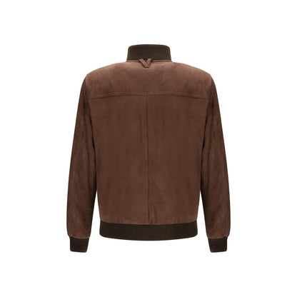 Back view of Valstar Brown Calf Leather Bos Taurus Bomber with button closure and ribbed cuffs, featuring front flap pockets for a classic look.