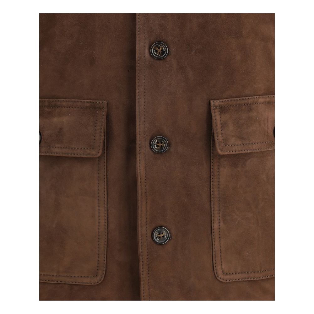 Close-up of Valstar Brown Calf Leather Bos Taurus Bomber features suede leather, button closure, flap pockets, high collar, ribbed cuffs.