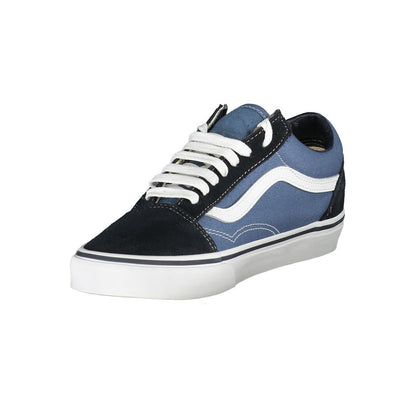 Vans Blue Leather Men Sneaker with classic white stripe, durable design for skateboarding or casual streetwear, featuring iconic Vans logo.