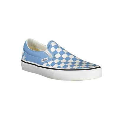 Vans Blue Polyester Sneaker, classic slip-on sports shoe with elastic, checked pattern, contrasting details, and logo