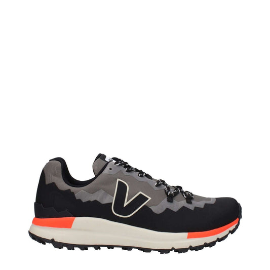 Veja Gray Fabric Athletic Sneakers with logos and lace-up design, featuring gray, black, and orange details, rubber sole, round toe.