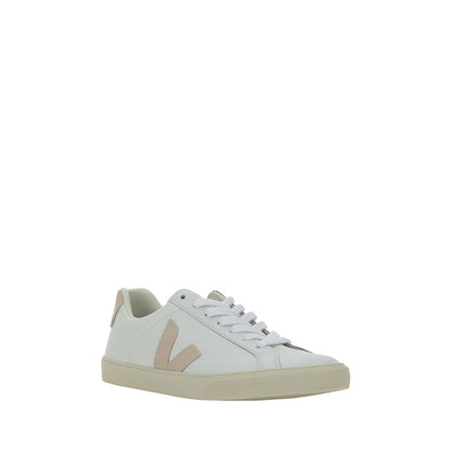 Veja White Calf Leather Bos Taurus Sneakers featuring round toe, lace-up closure, logo patch, and rubber sole.