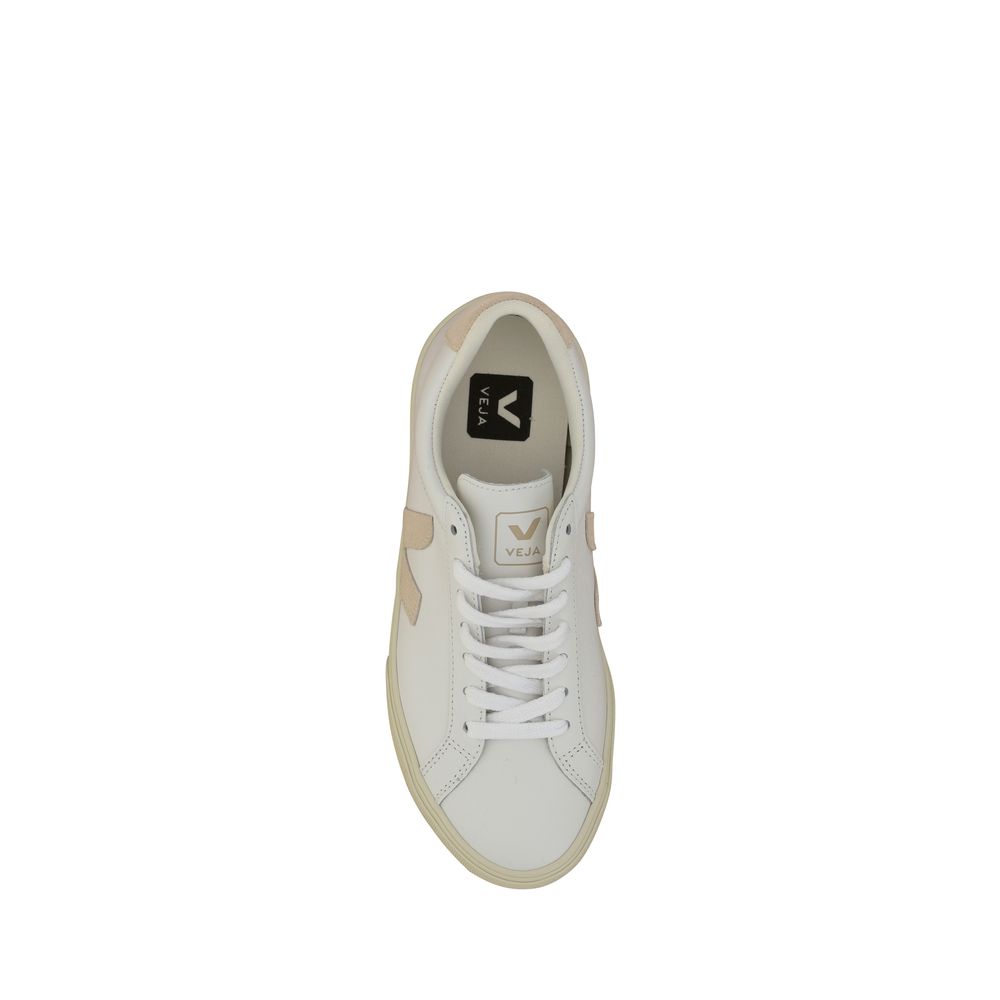 Veja White Calf Leather Bos Taurus Sneakers with lace-up closure, side logo patch, and rubber sole, top view.