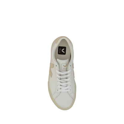 Veja White Calf Leather Bos Taurus Sneakers with lace-up closure, side logo patch, and rubber sole, top view.