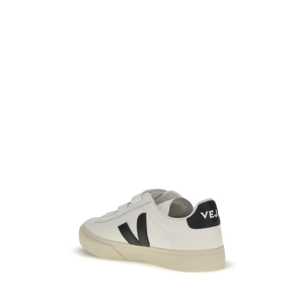 Veja White Rubber Low Top Sneakers with iconic logo and three strap closure, rear view.