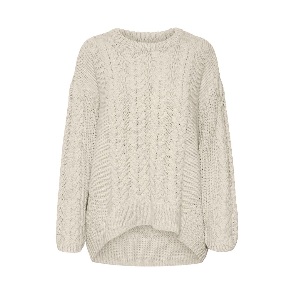 Vero Moda Beige Cotton Sweater with cable-knit pattern, perfect for colder seasons, offering a relaxed fit and elegant style.