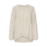 Vero Moda Beige Cotton Sweater with cable-knit pattern, perfect for colder seasons, offering a relaxed fit and elegant style.