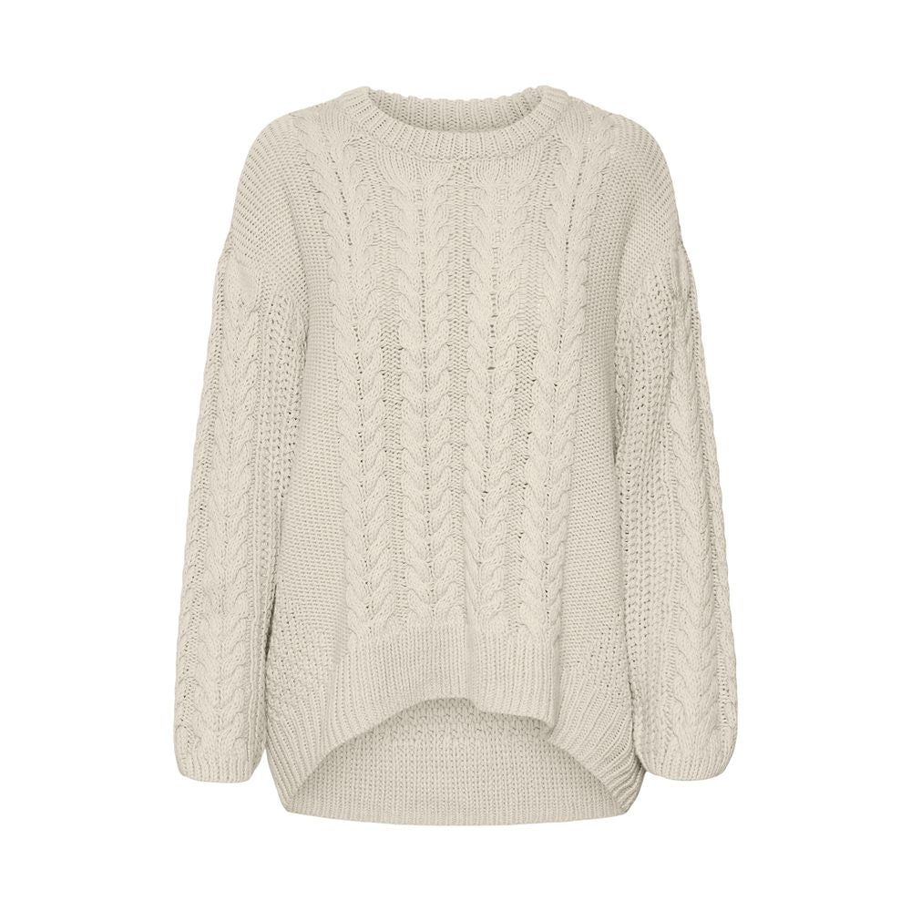 Vero Moda Beige Cotton Sweater with elegant cable-knit pattern and relaxed fit for women, ideal for colder seasons.