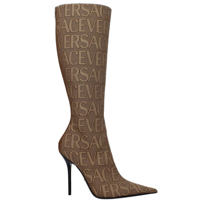 Versace Beige Fabric High Heel Boots with logo print, pointy toe, leather sole, and 11 cm high heel. Casual style with zip closure.